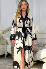 Black Panther Print Satin Kimono Robe