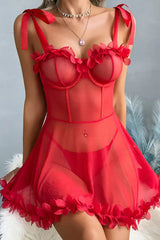 Red Mesh Babydoll with Flower Ruffle Trim