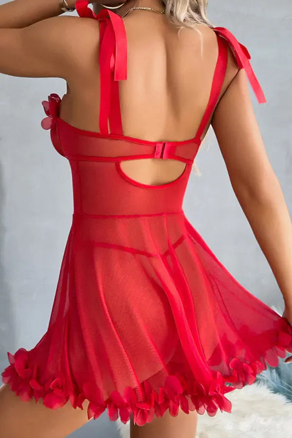 Red Mesh Babydoll with Flower Ruffle Trim
