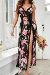 Floral Print Black Sheer Lace Lingerie Gown