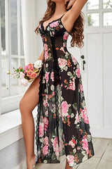 Floral Print Black Sheer Lace Lingerie Gown