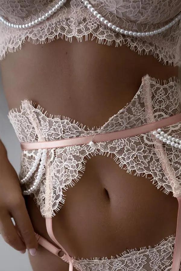 Elegant Lace and Pearl Lingerie Set with Garter Belt