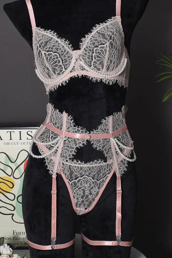 Elegant Lace and Pearl Lingerie Set with Garter Belt