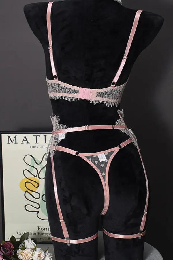 Elegant Lace and Pearl Lingerie Set with Garter Belt