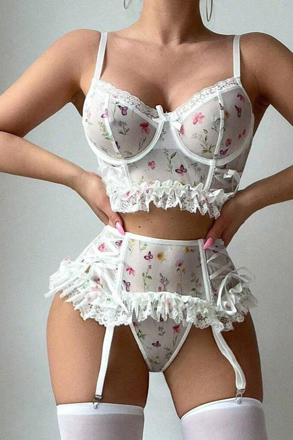 White Floral Lace Lingerie Set with Garter Belt