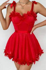 Red Floral Appliqué Mesh Mini Dress