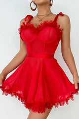 Red Floral Appliqué Mesh Mini Dress