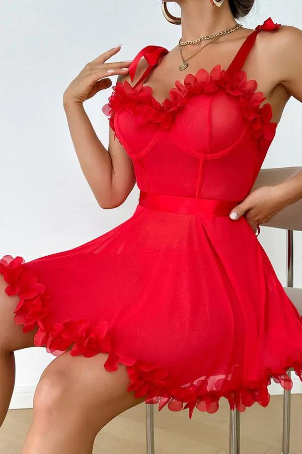 Red Floral Appliqué Mesh Mini Dress