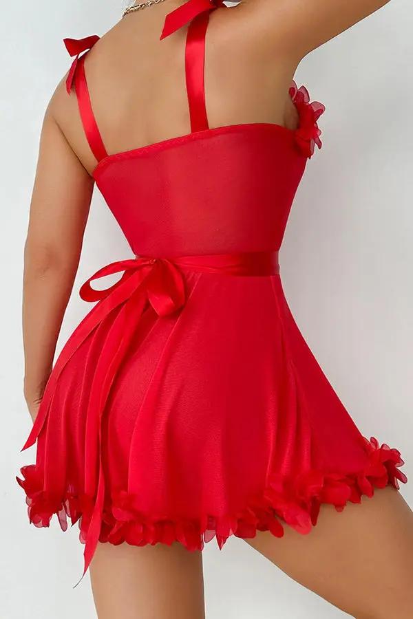 Red Floral Appliqué Mesh Mini Dress