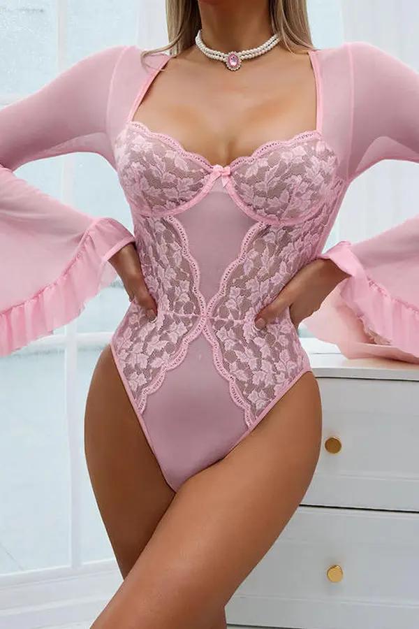 Romantic Pink Lace Mesh Bodysuit