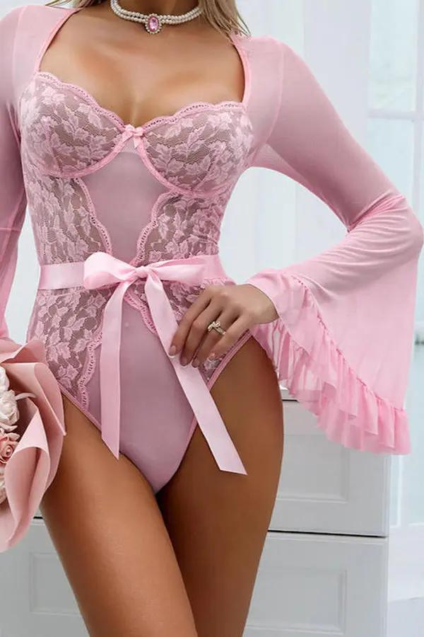 Romantic Pink Lace Mesh Bodysuit