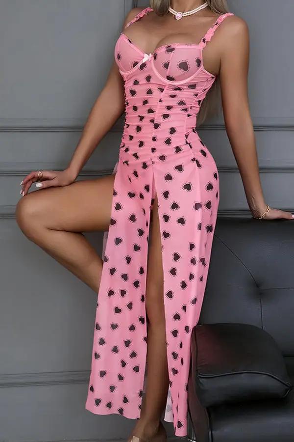 Sweetheart Pink Mesh Heart-Print Lingerie Dress