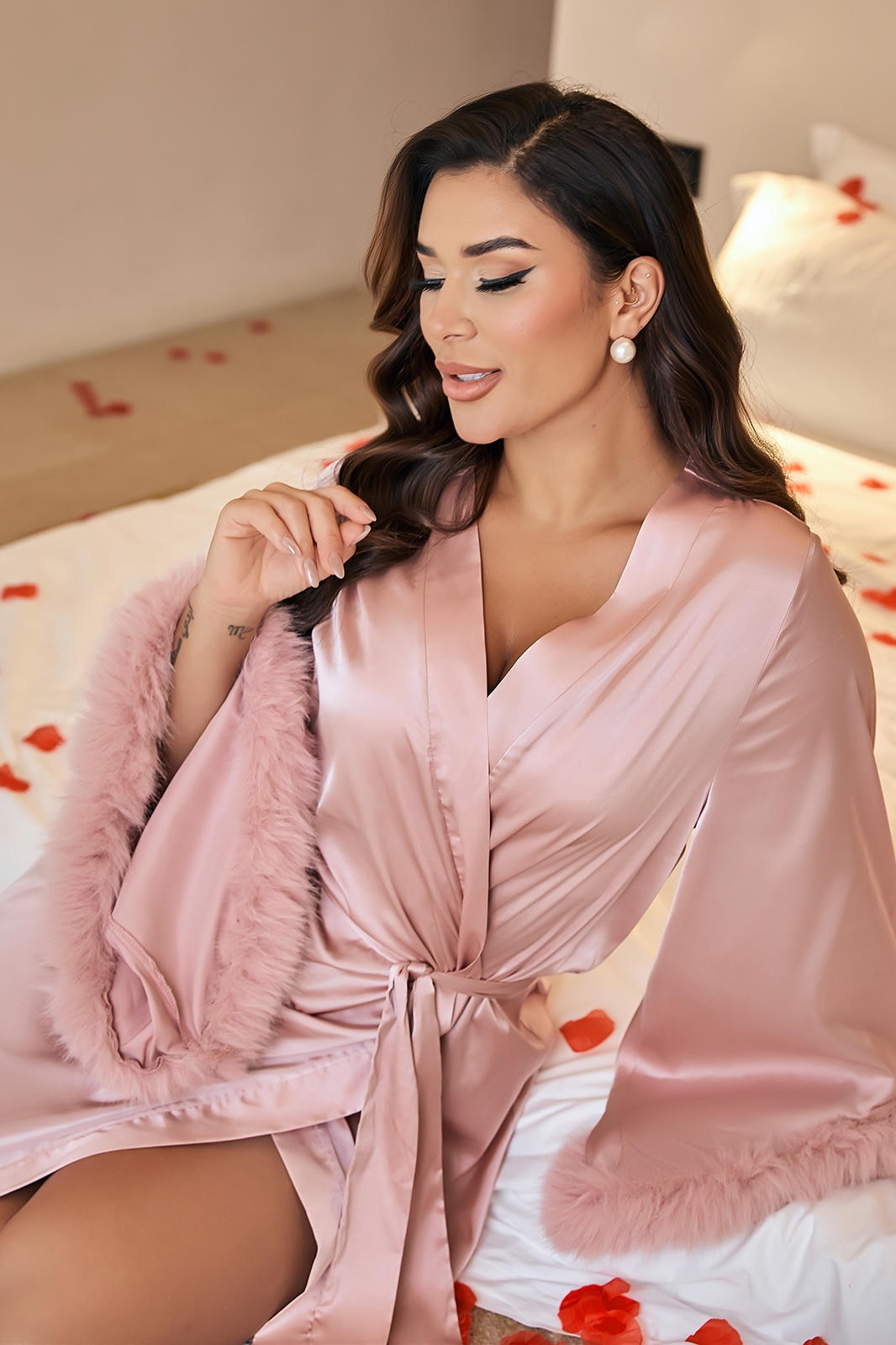 Blush Pink Satin Kimono Robe