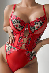 Red Rose Floral Lace Teddy Bodysuit