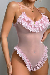 Pink Lace Ruffle Sheer Teddy