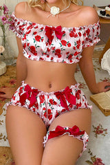 Red Rose Floral Satin Lingerie Set