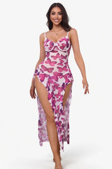 Butterfly Print High Slit Chemise Nightgown