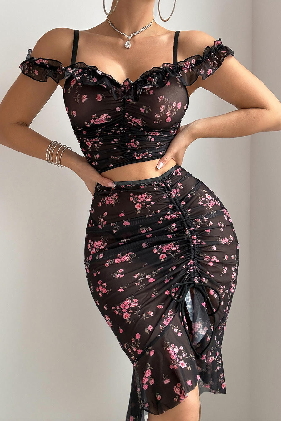 Black Floral Mesh Ruched Top and Skirt Set