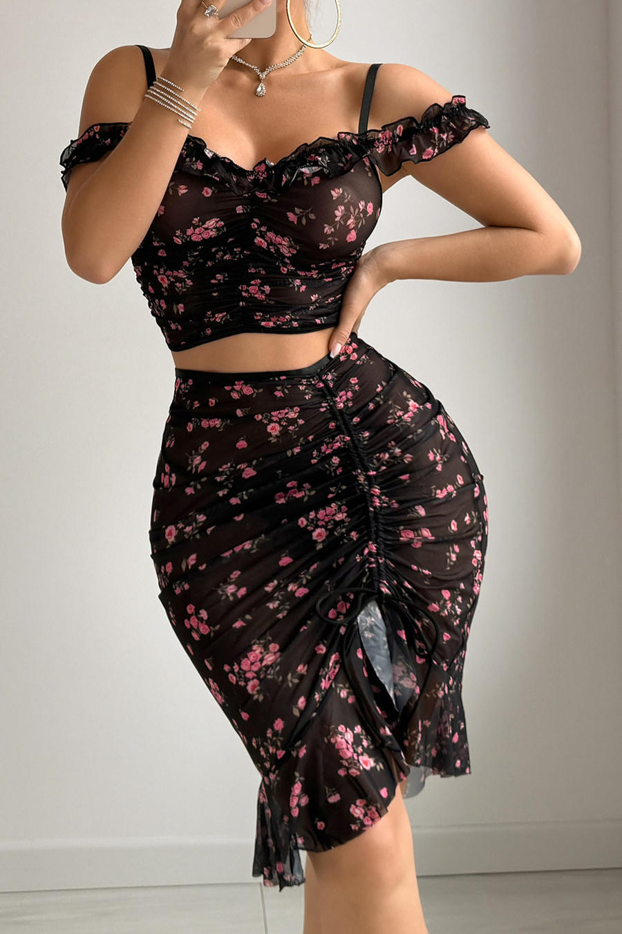 Black Floral Mesh Ruched Top and Skirt Set