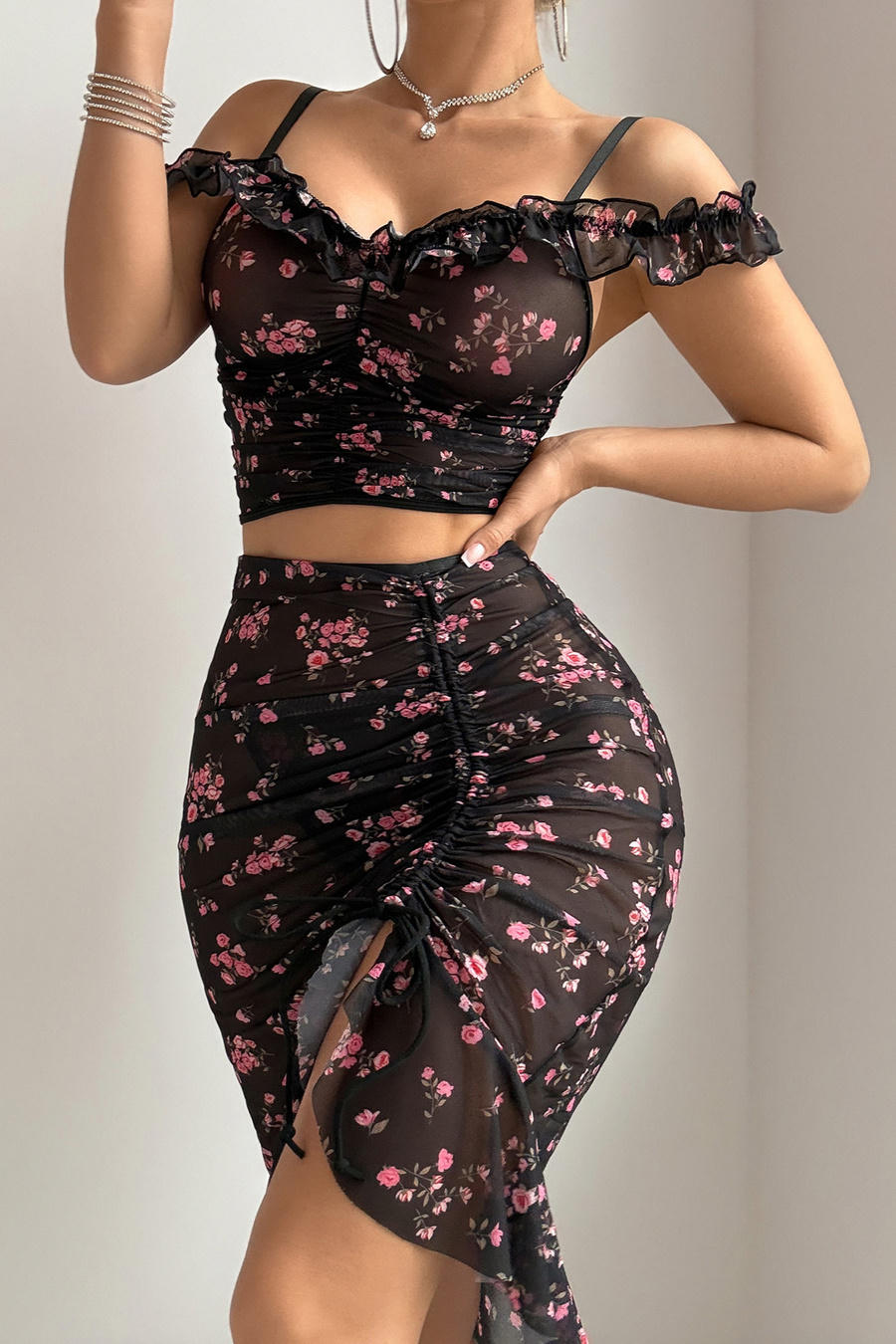 Black Floral Mesh Ruched Top and Skirt Set