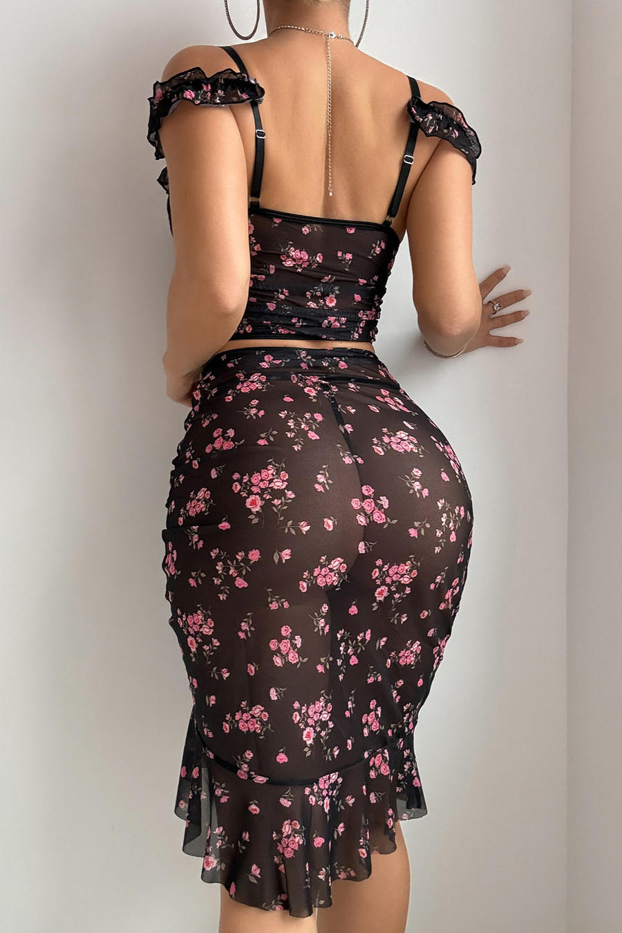 Black Floral Mesh Ruched Top and Skirt Set