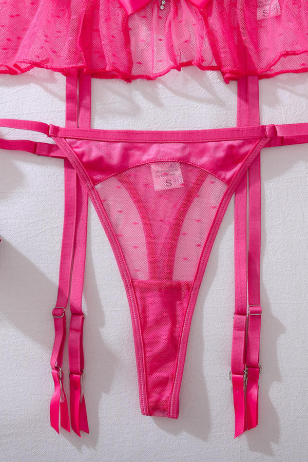 Hot Pink Mesh Ruffle Garter Lingerie Set