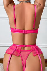 Hot Pink Mesh Ruffle Garter Lingerie Set