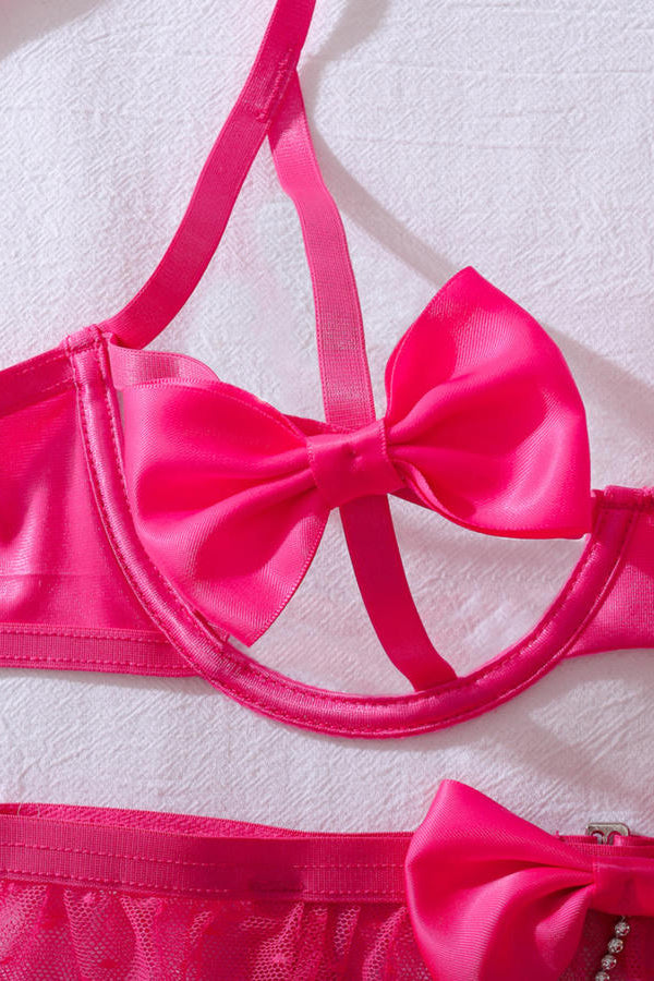Hot Pink Mesh Ruffle Garter Lingerie Set