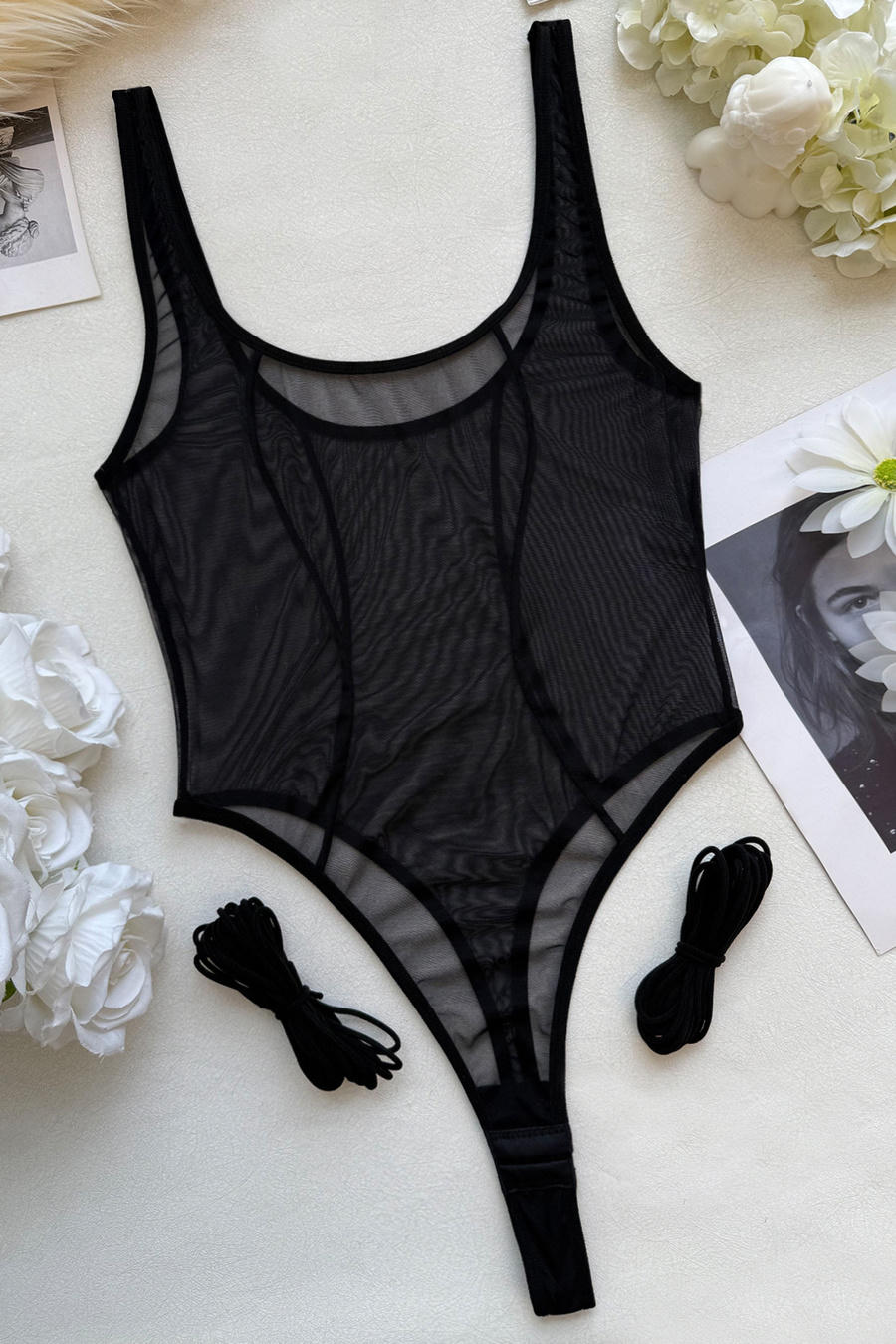 Sexy Sheer Mesh Bodysuit with Strappy Leg Wrap