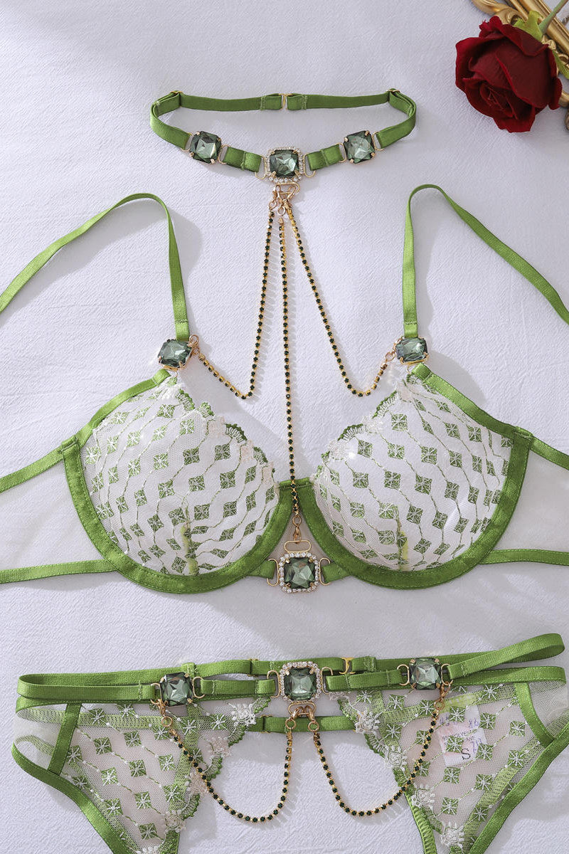 Lime Green Embroidered Sheer Mesh Bra Set
