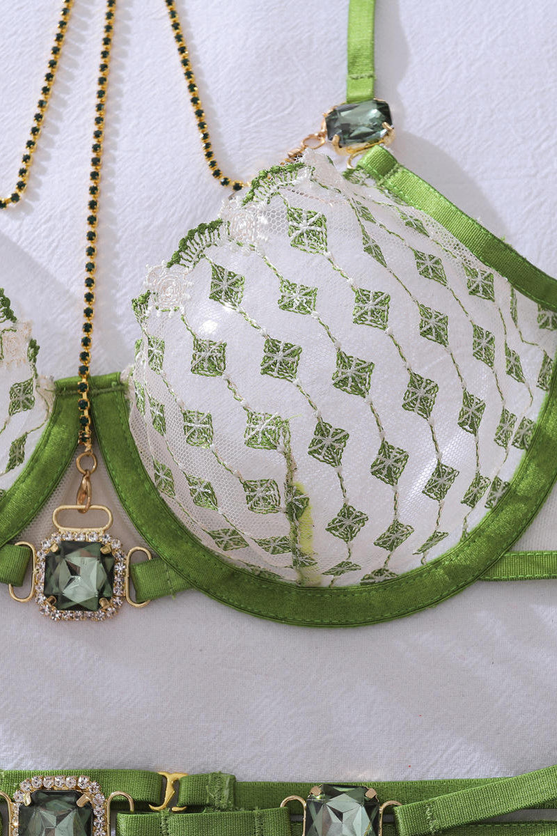 Lime Green Embroidered Sheer Mesh Bra Set