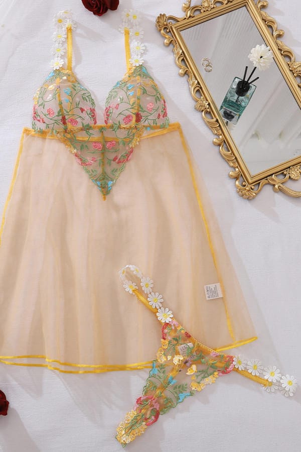 Floral Embroidered Sheer Mesh Babydoll