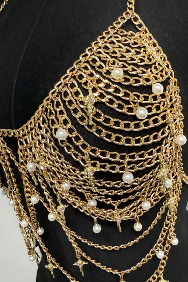 Gold Pearl Chainmail Body Harness Top