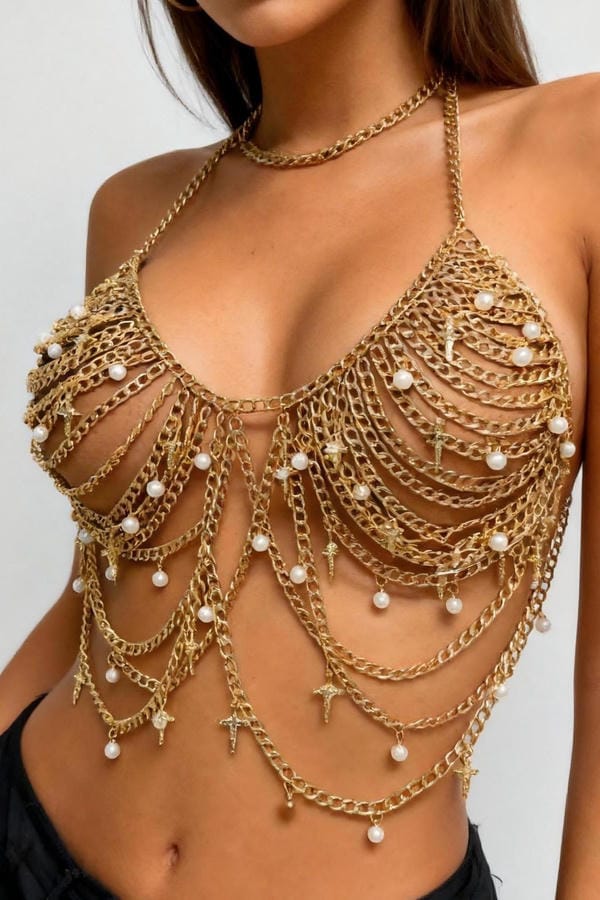 Gold Pearl Chainmail Body Harness Top