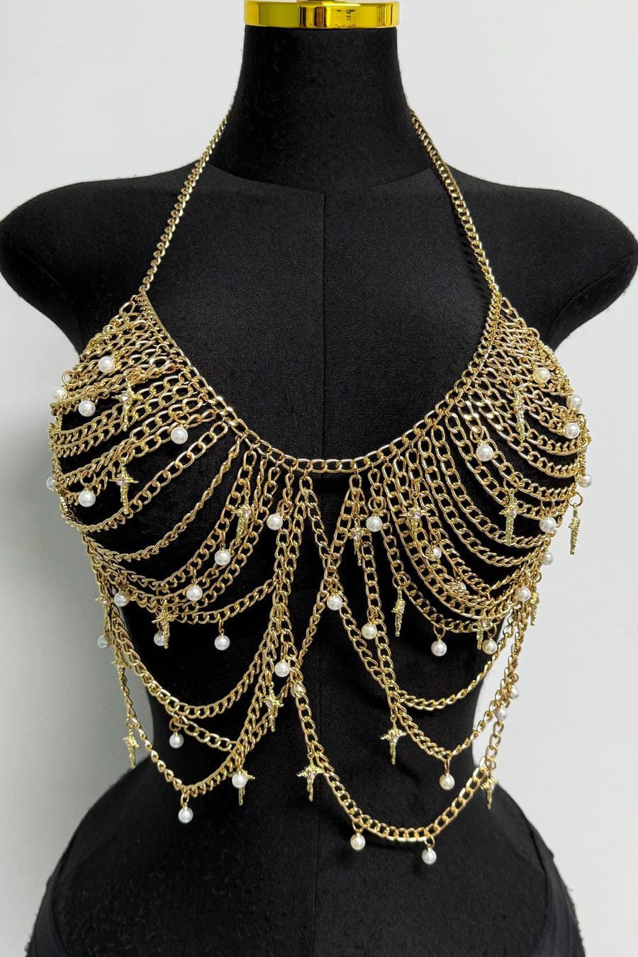 Gold Pearl Chainmail Body Harness Top