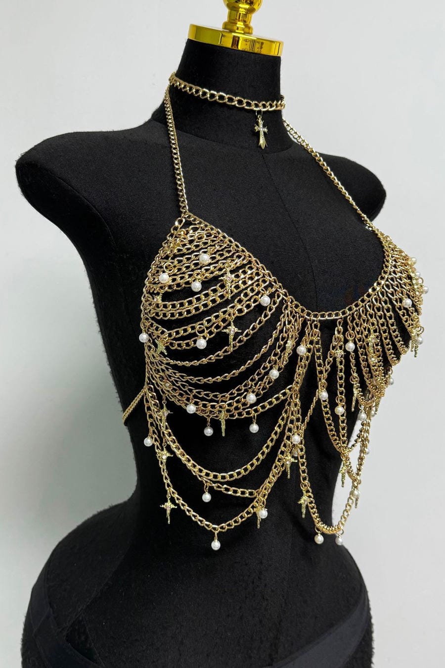 Gold Pearl Chainmail Body Harness Top