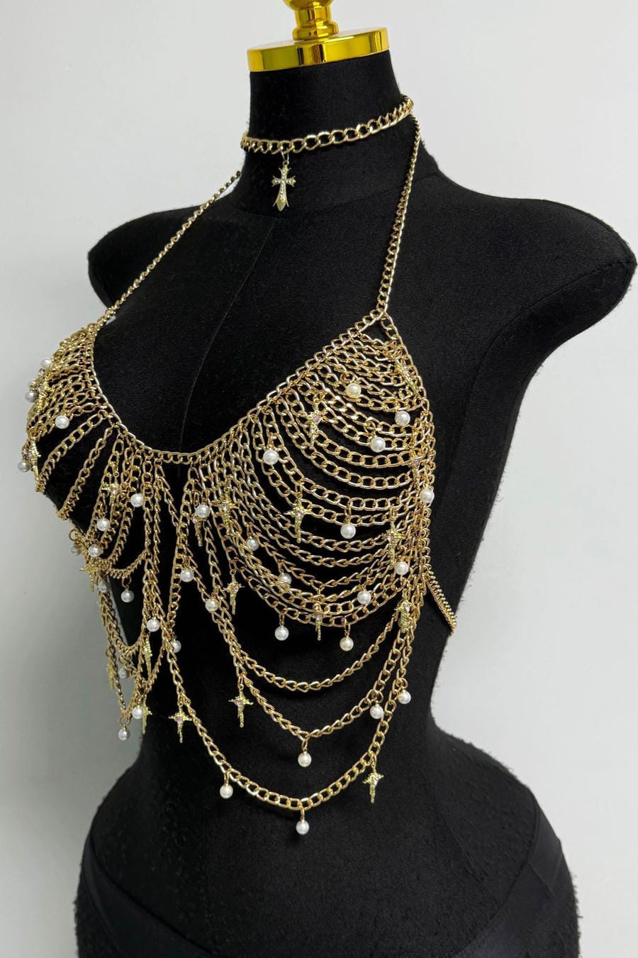 Gold Pearl Chainmail Body Harness Top