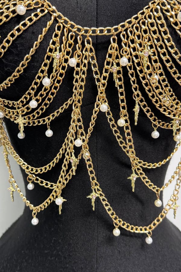 Gold Pearl Chainmail Body Harness Top