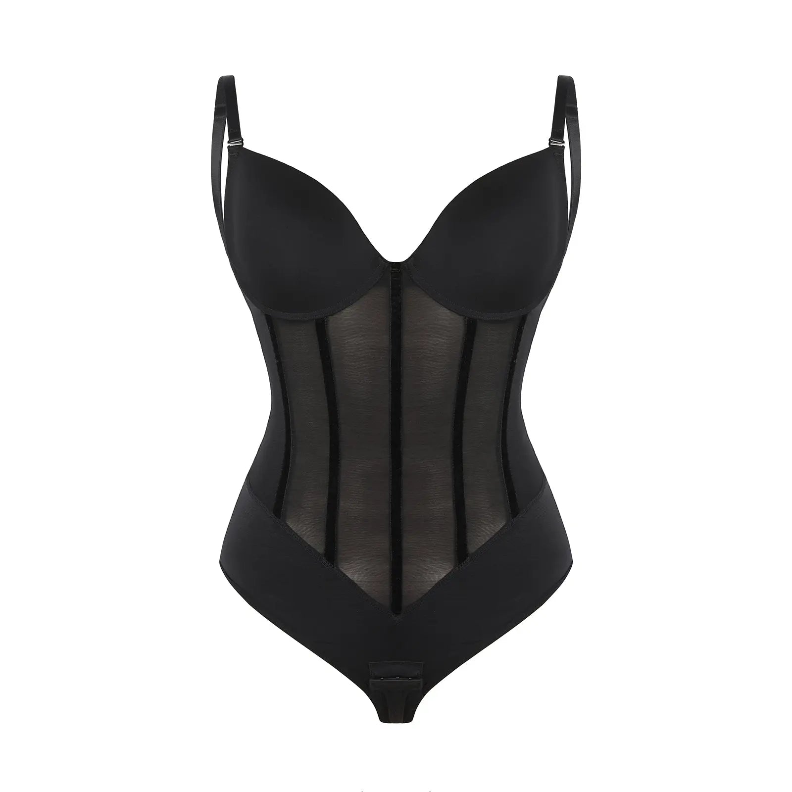 Black Plunge Backless Bodysuit Shaper With Built-In Bra And Velvet Boned Corset