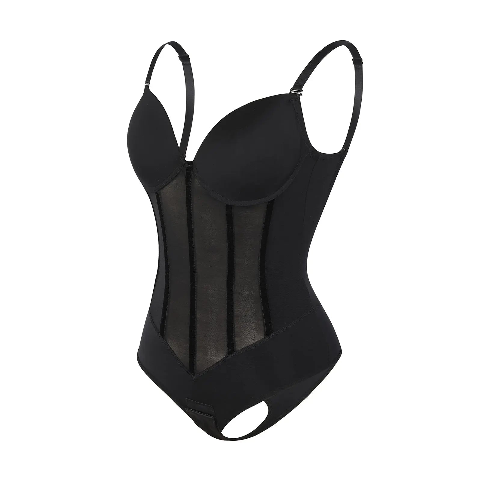 Black Plunge Backless Bodysuit Shaper With Built-In Bra And Velvet Boned Corset