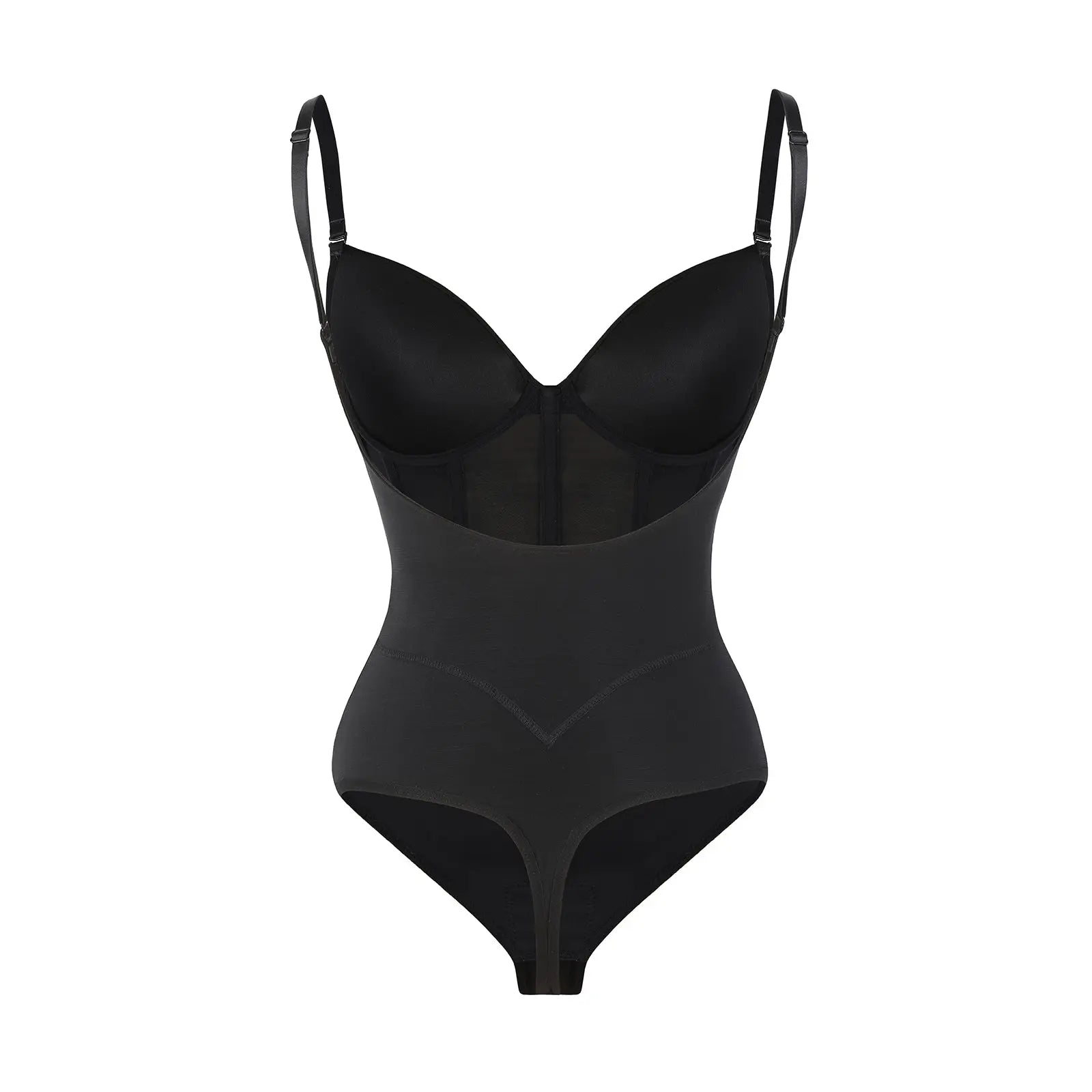 Black Plunge Backless Bodysuit Shaper With Built-In Bra And Velvet Boned Corset