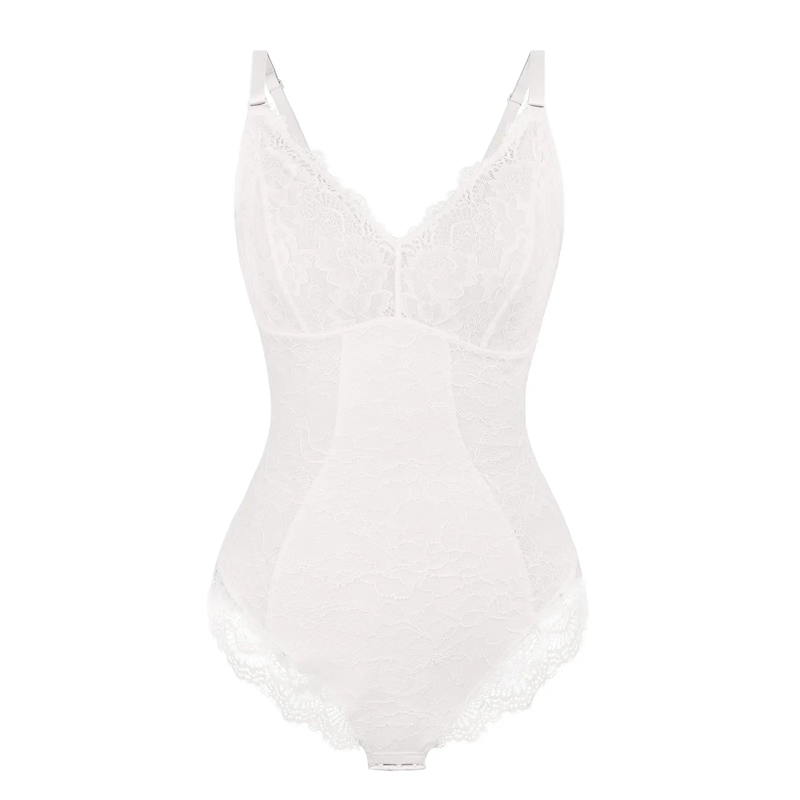Elegant White Lace Deep V Slimming Tummy Control Bodysuit