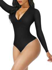 Black Long Sleeve Deep-V Contoured Control Bodysuit