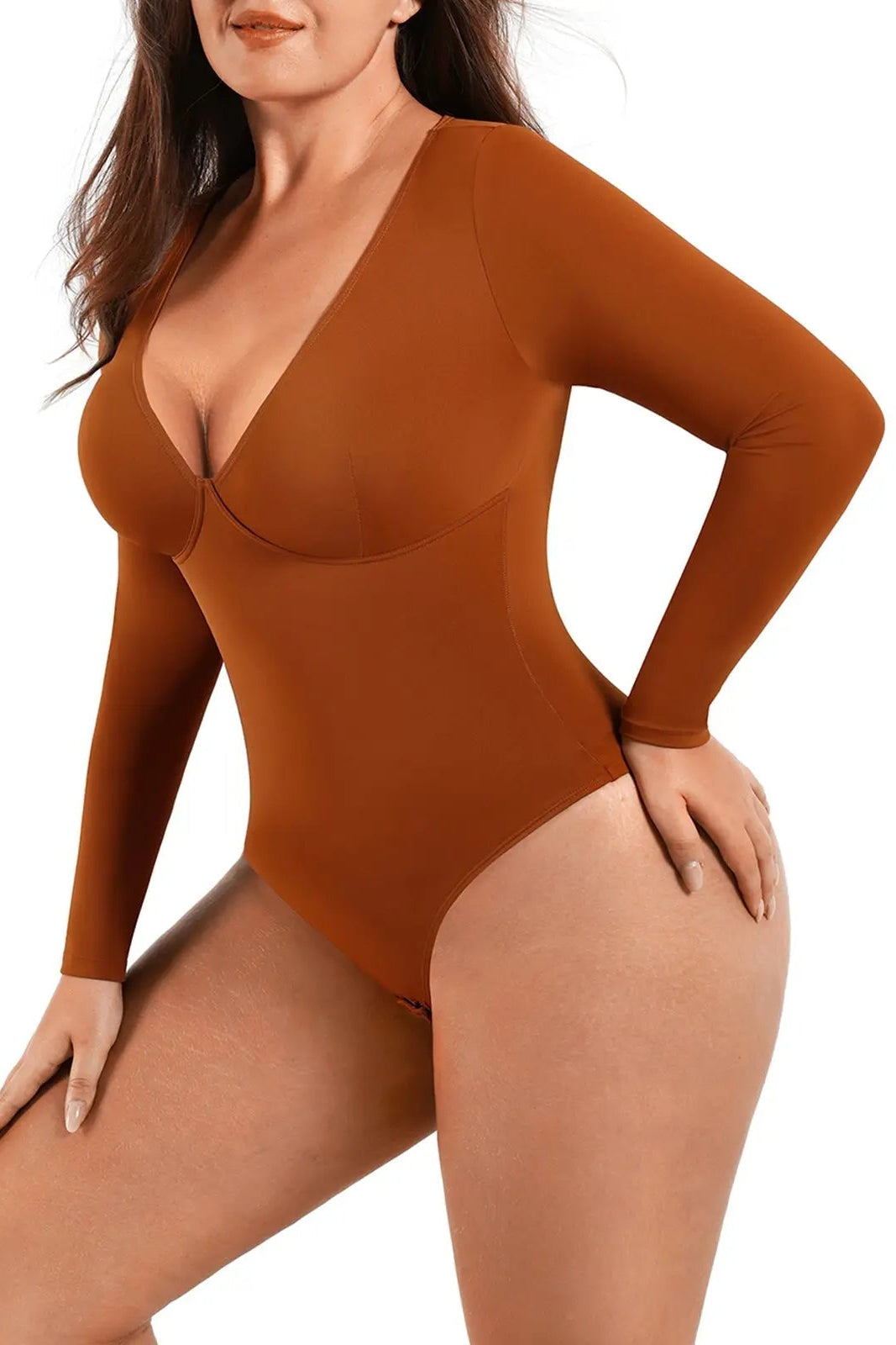 Cinnamon Long Sleeve Deep-V Contoured Control Bodysuit