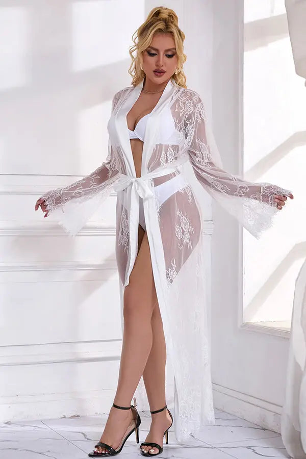 Elegant White Lace Sheer Robe with Satin Trim
