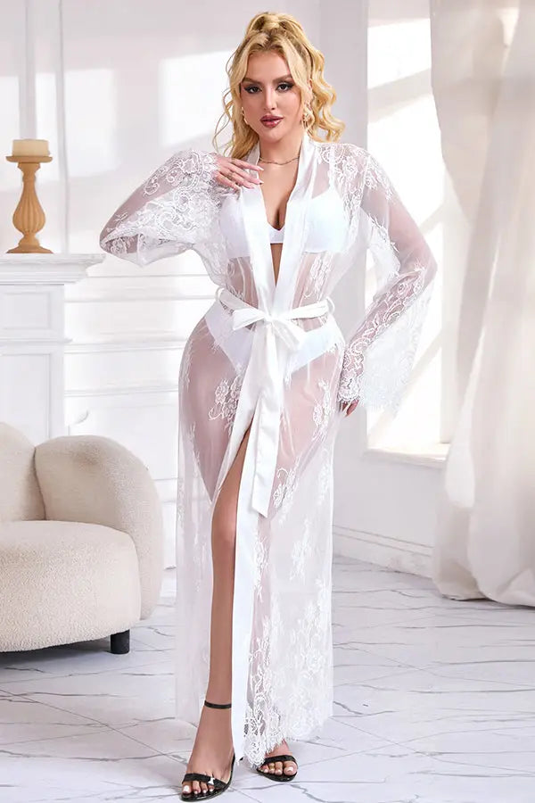 Elegant White Lace Sheer Robe with Satin Trim