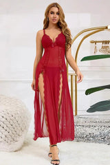 Red Sheer Lace Maxi Lingerie Dress