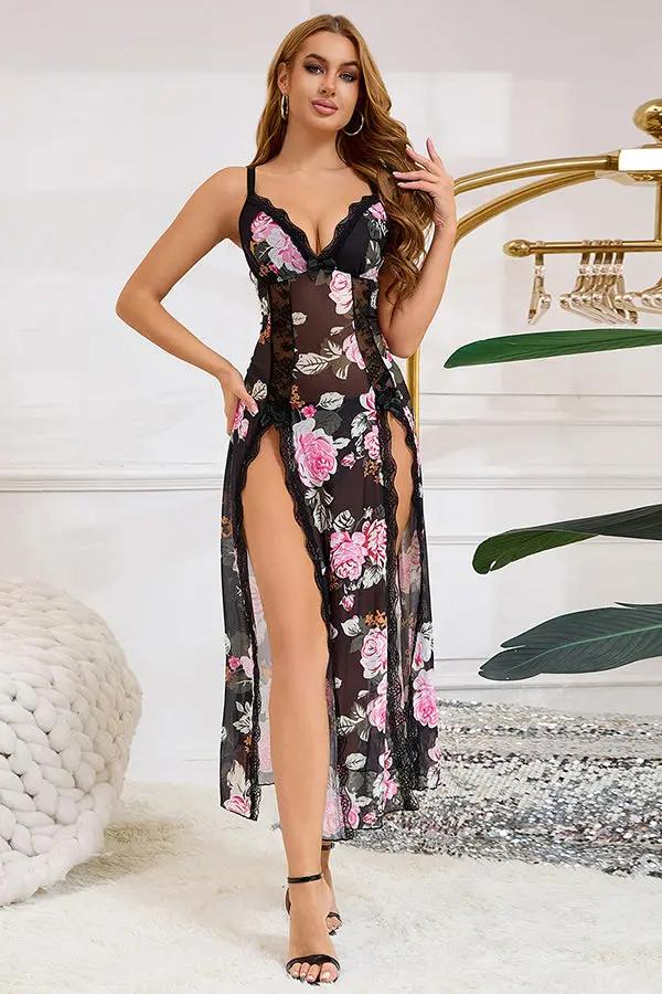 Floral Sheer Lace Maxi Lingerie Dress