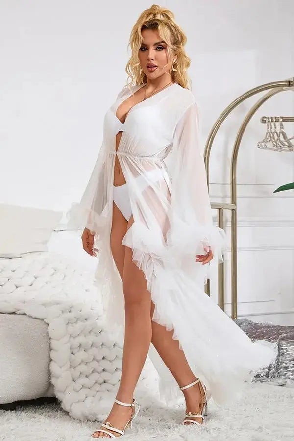Elegant White Sheer Robe with Ruffled Trim