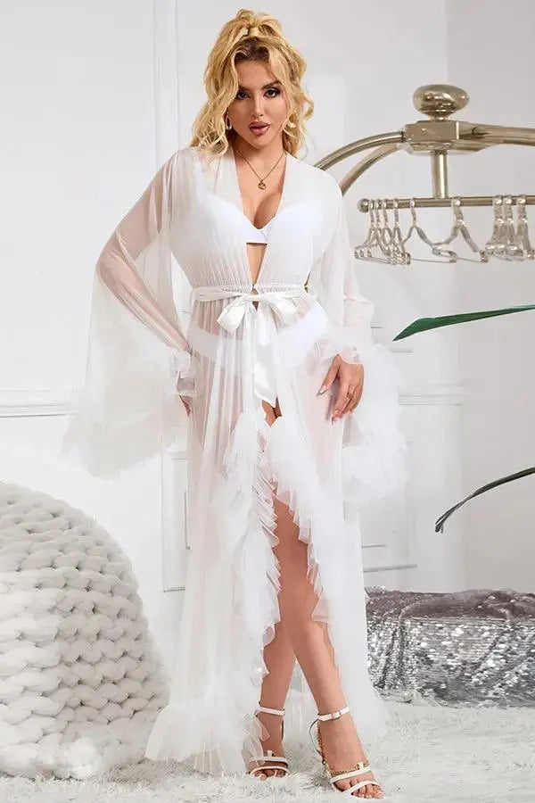 Elegant White Sheer Robe with Ruffled Trim